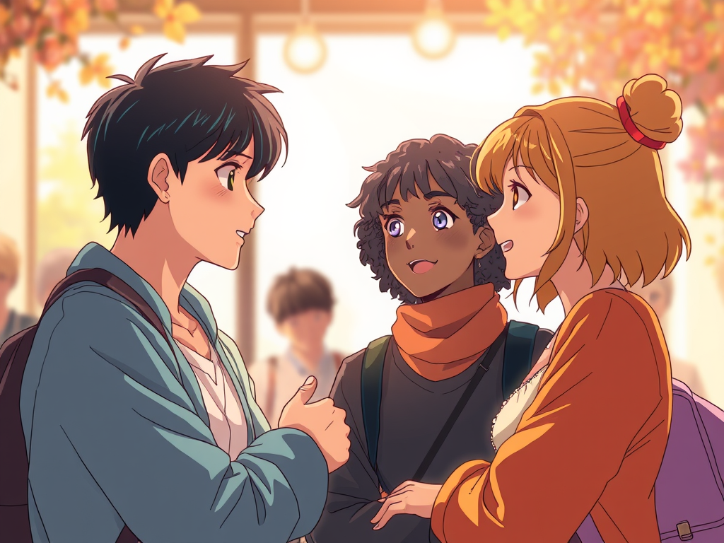 Three youngsters chatting together with intensive atmosphere.